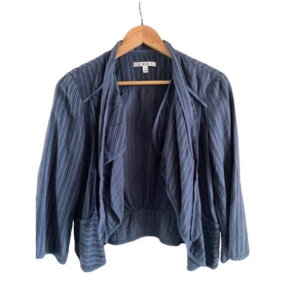 Cabi Cascade Peplum‎ Steampunk 100% Cotton Cropped Blue Striped Jacket Sz M - Picture 1 of 10